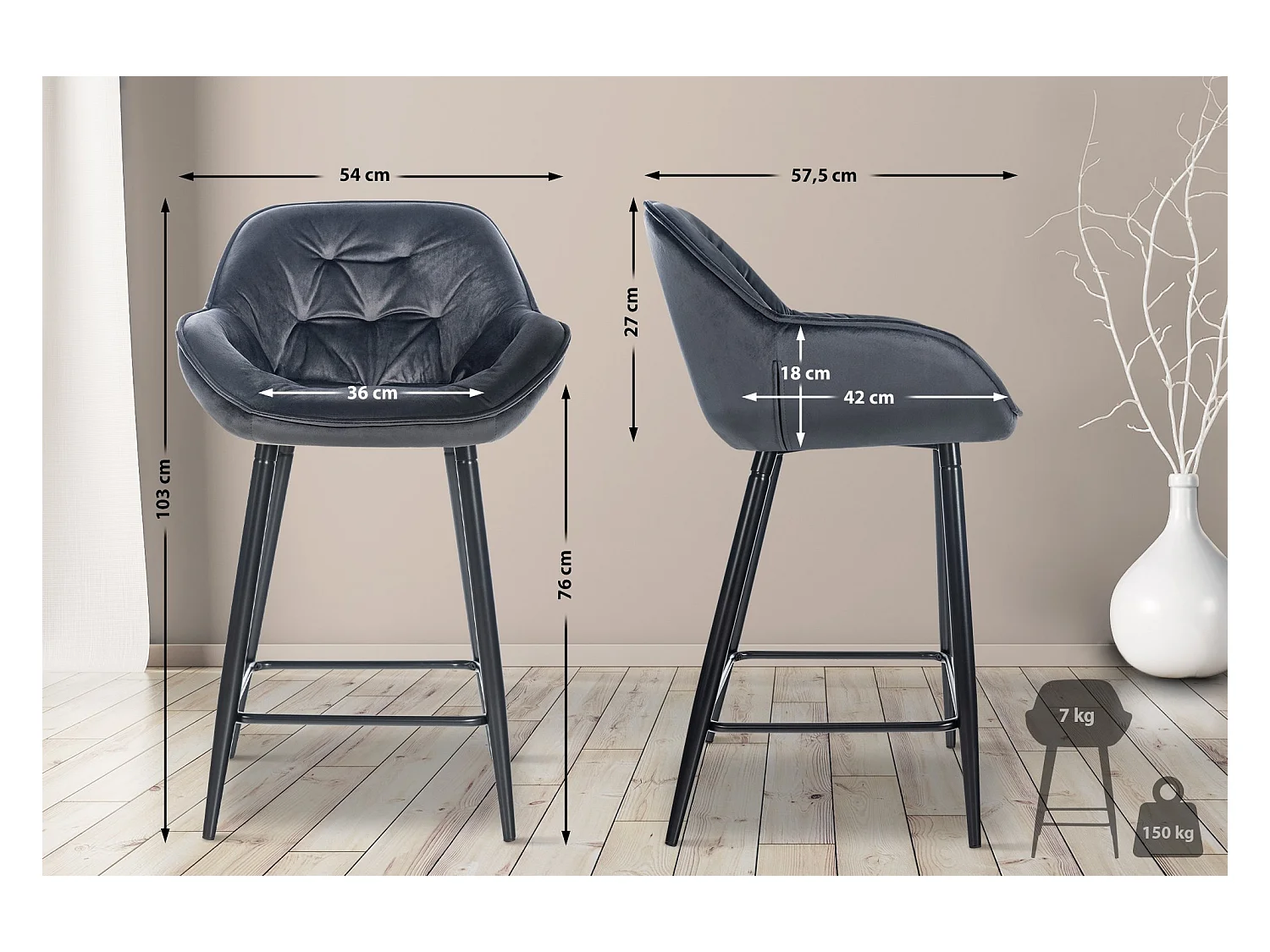 Tabourets de bar - Velours & Métal - Gris foncé - Gibson 76