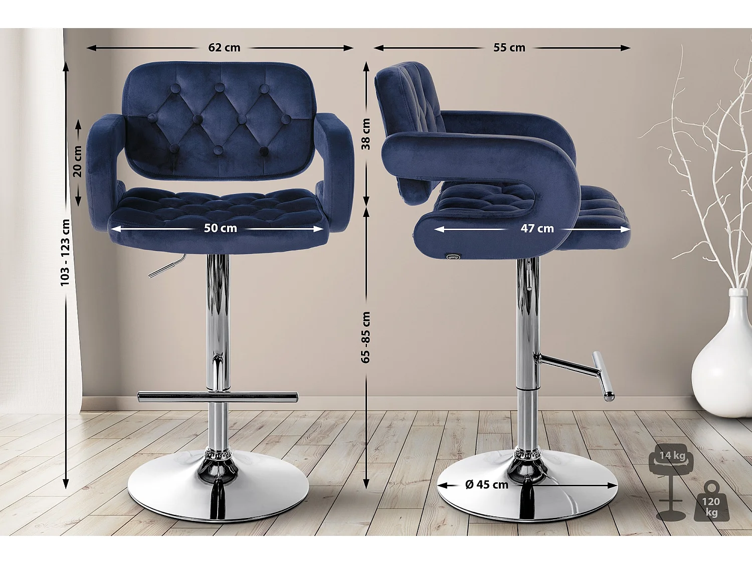 Tabouret de bar - Velours - Bleu - Dublin