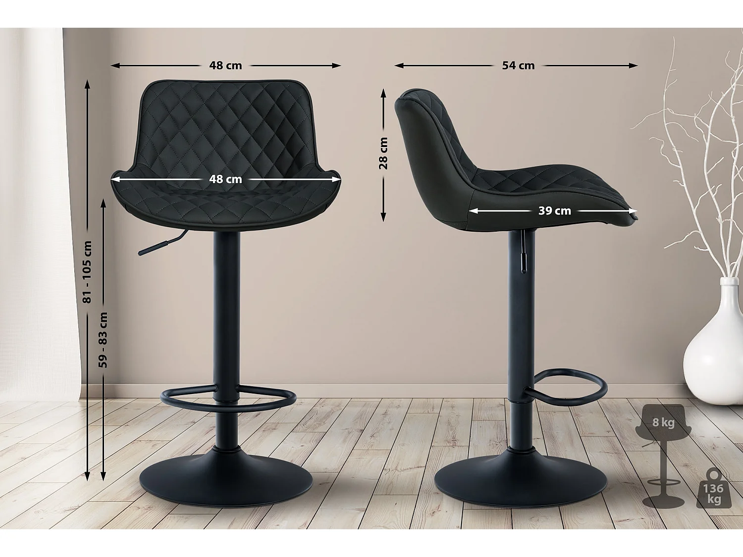 Tabouret de bar - Similicuir - Noir - Minosa