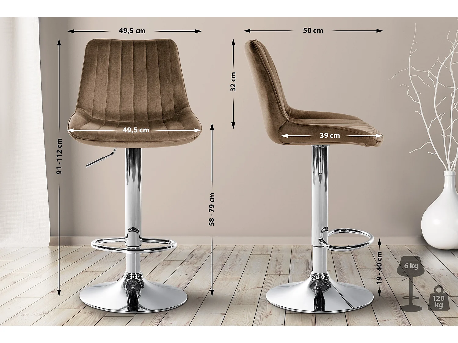 Tabouret de bar - Velours & Chrome - Marron - Toni