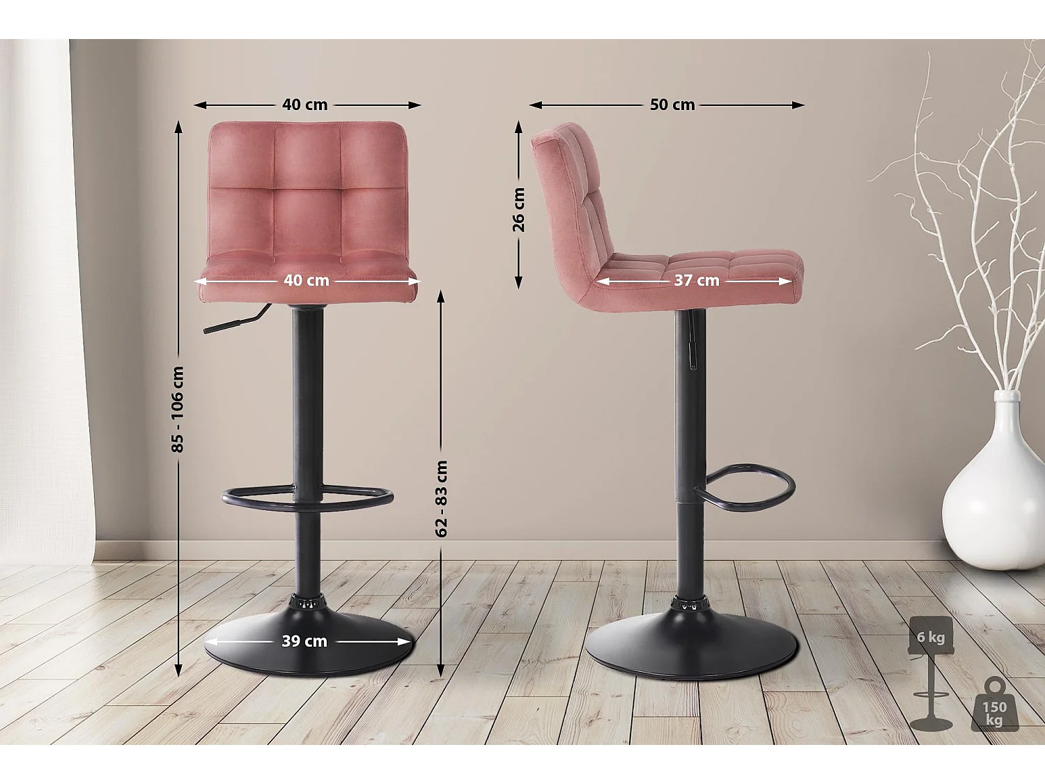 Lot de 2  Tabouret de bar - Velours & Blanc - Rose - Feni