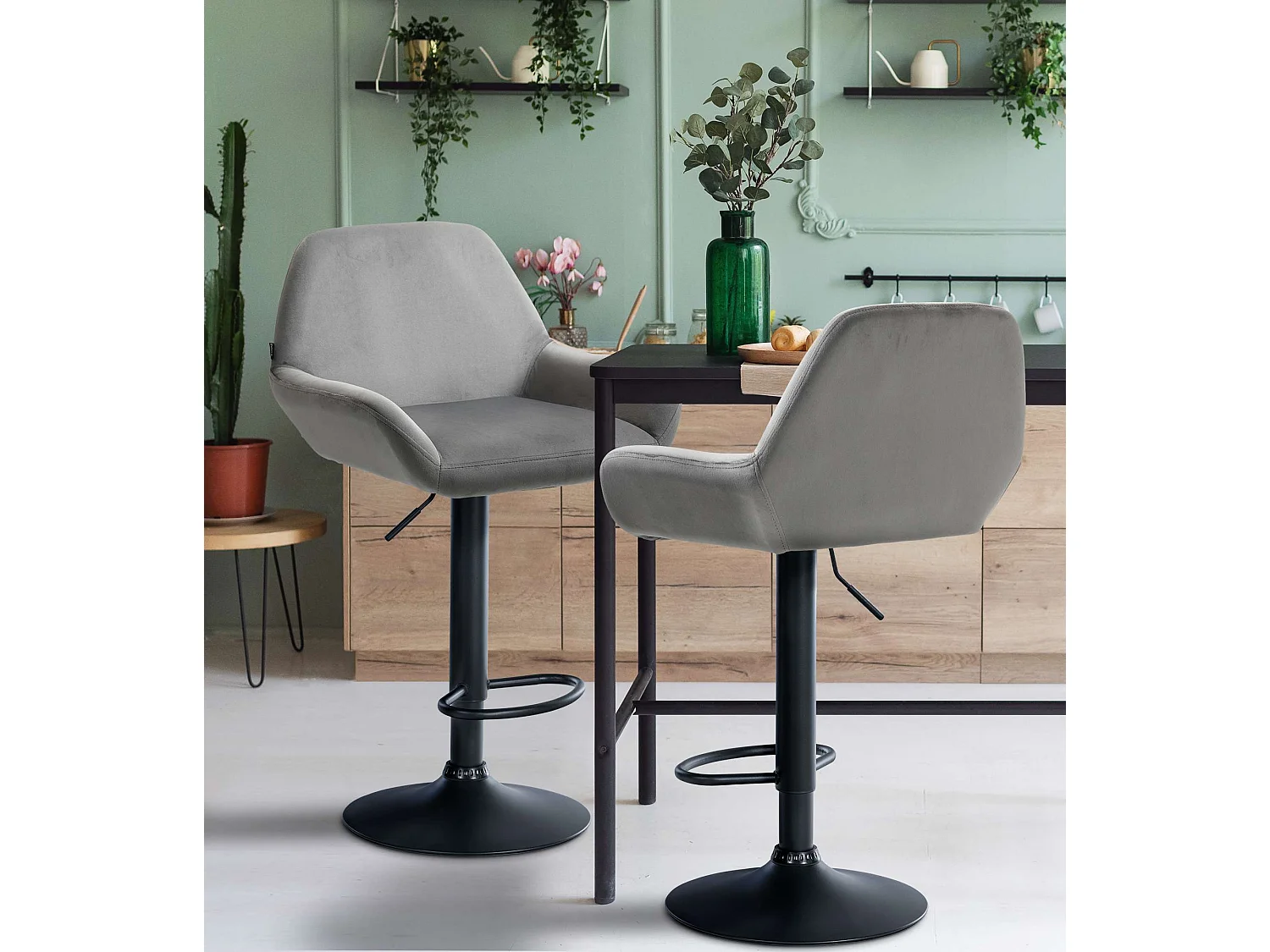 Lot de 2  Tabouret de bar - Velours - Gris - Braga