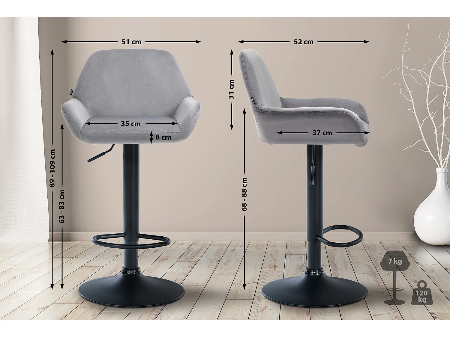 Lot de 2  Tabouret de bar - Velours - Gris - Braga