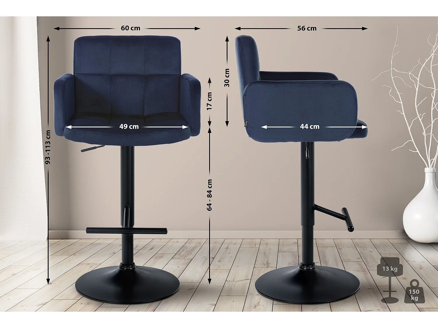 Tabouret de bar - Velours & Métal - Bleu - Los Angeles