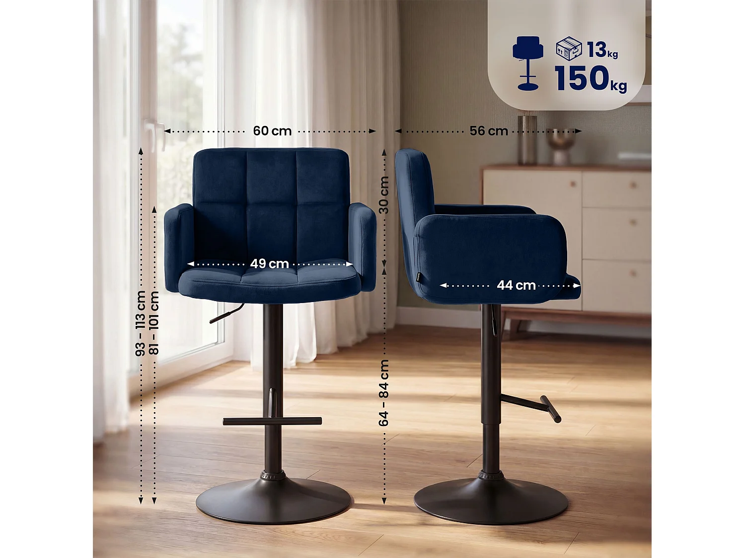 Tabouret de bar - Velours & Noir - Bleu - Los Angeles