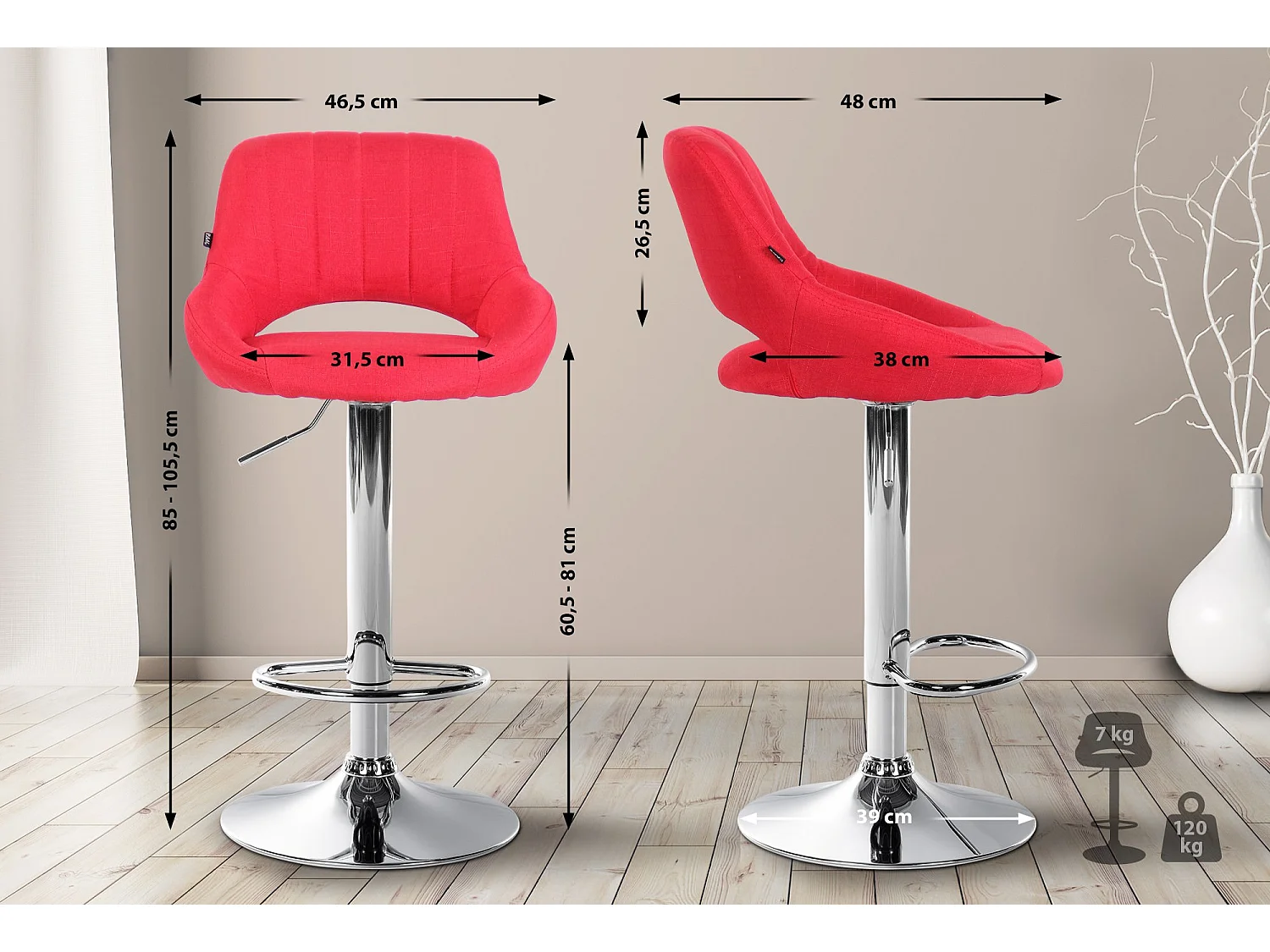 Tabouret de bar - Tissu & Métal - Rouge - Milet