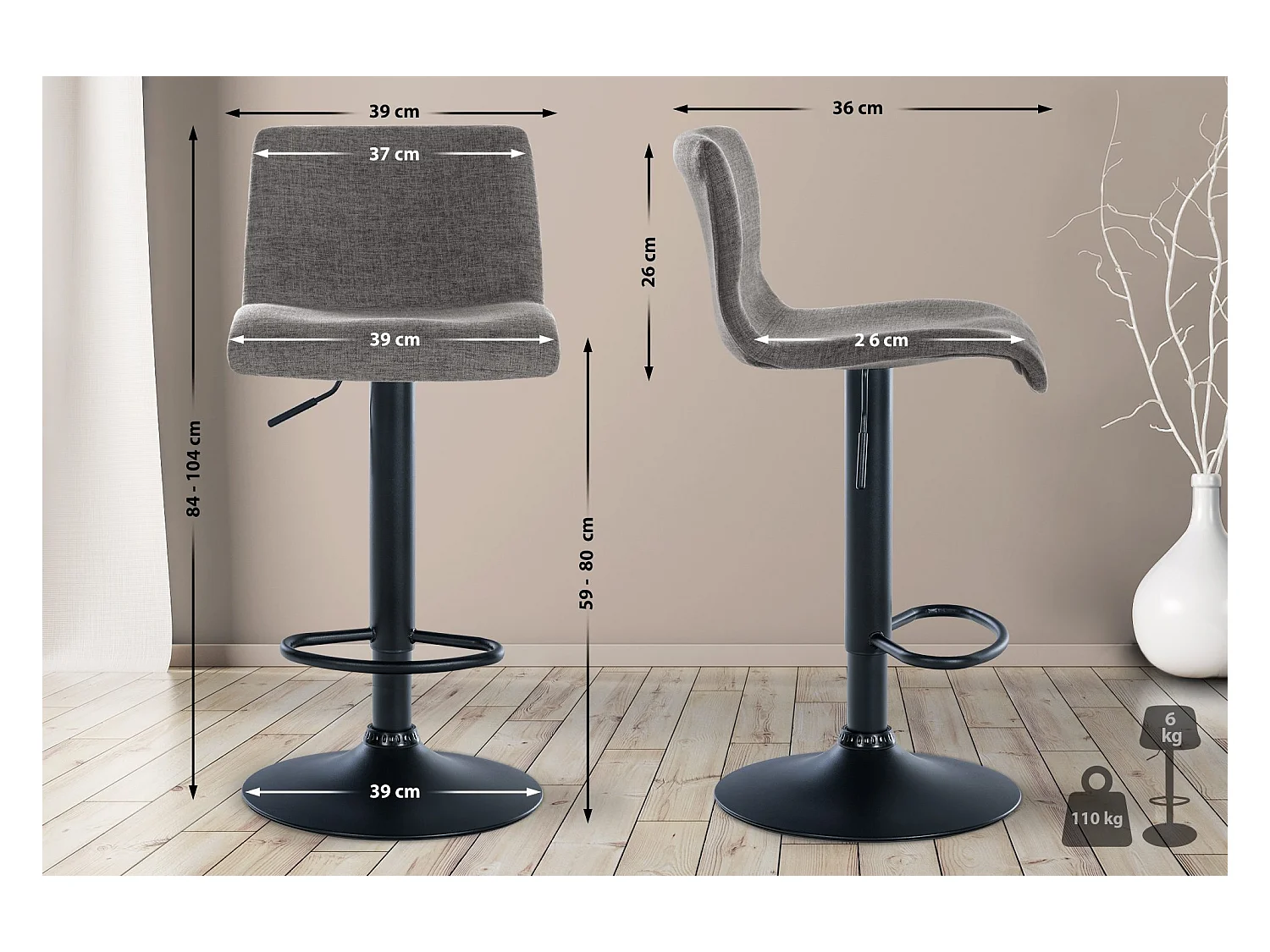 Barhocker - Stoff & Metall matt schwarz - hellgrau - Branford