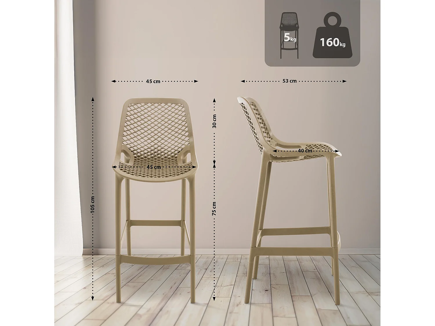 Lot de 2  Tabouret de bar - Plastique - Boue - Air