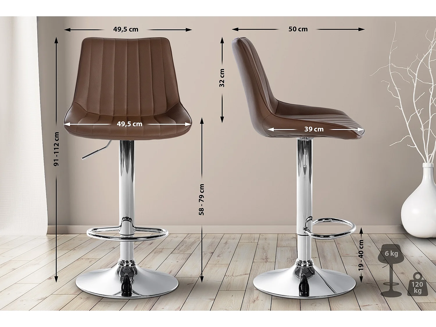 Tabouret de bar - Similicuir & Chrome - Marron - Toni