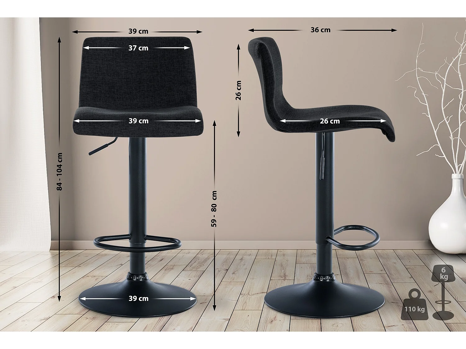 Tabourets de bar - Tissu & Métal noir mat - Noir - Branford