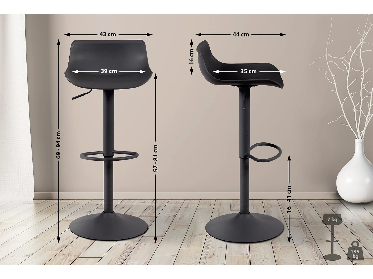 Lot de 4  Tabouret de bar - Plastique - Noir - Aveiro