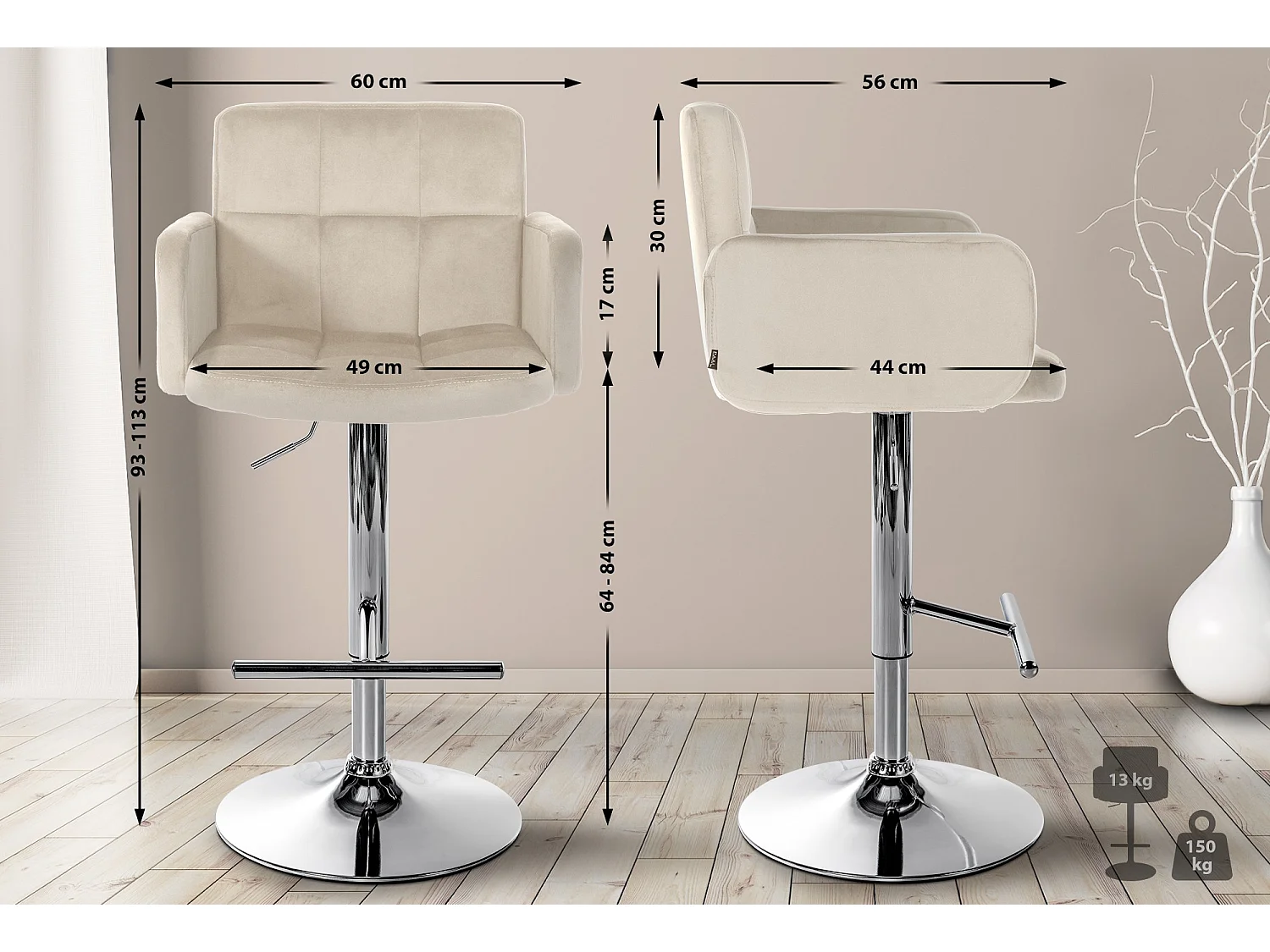 Tabouret de bar - Velours & Métal - Crème - Los Angeles