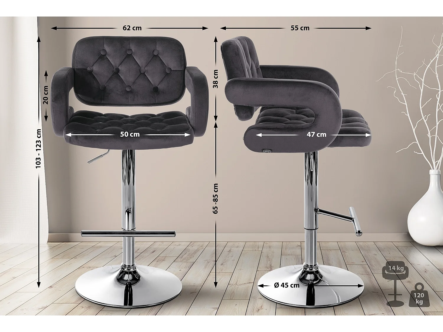 Tabouret de bar - Velours - Gris foncé - Dublin