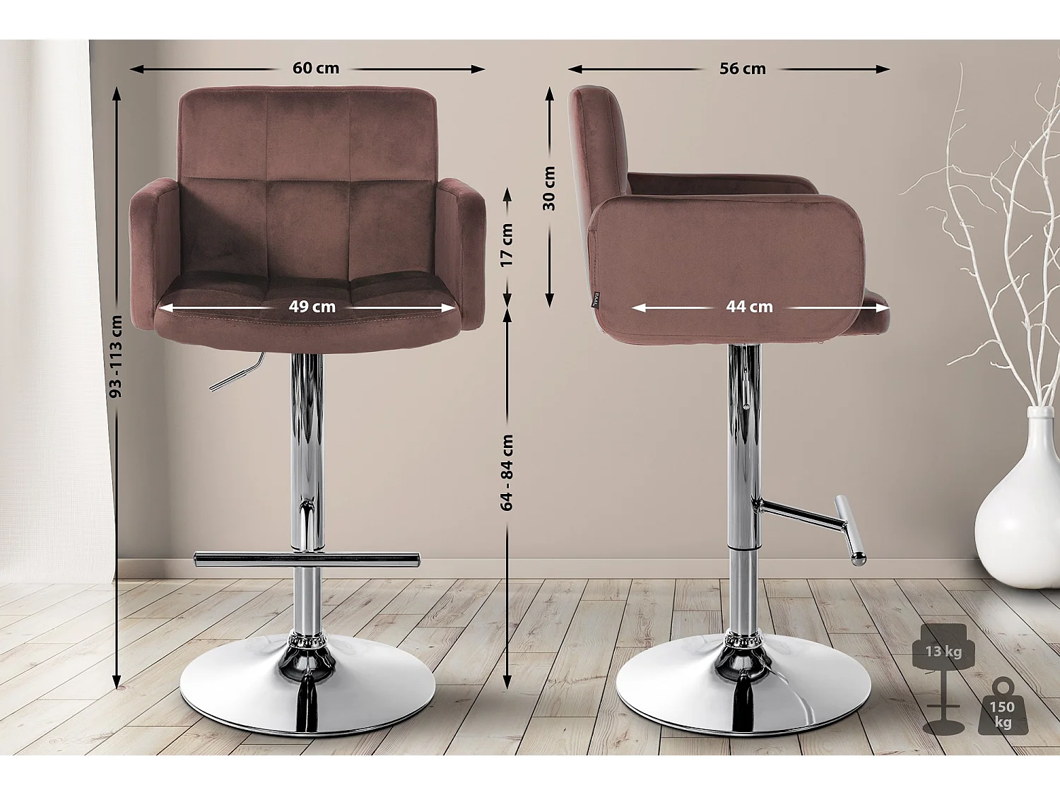 Tabouret de bar - Velours & Métal - Marron - Los Angeles