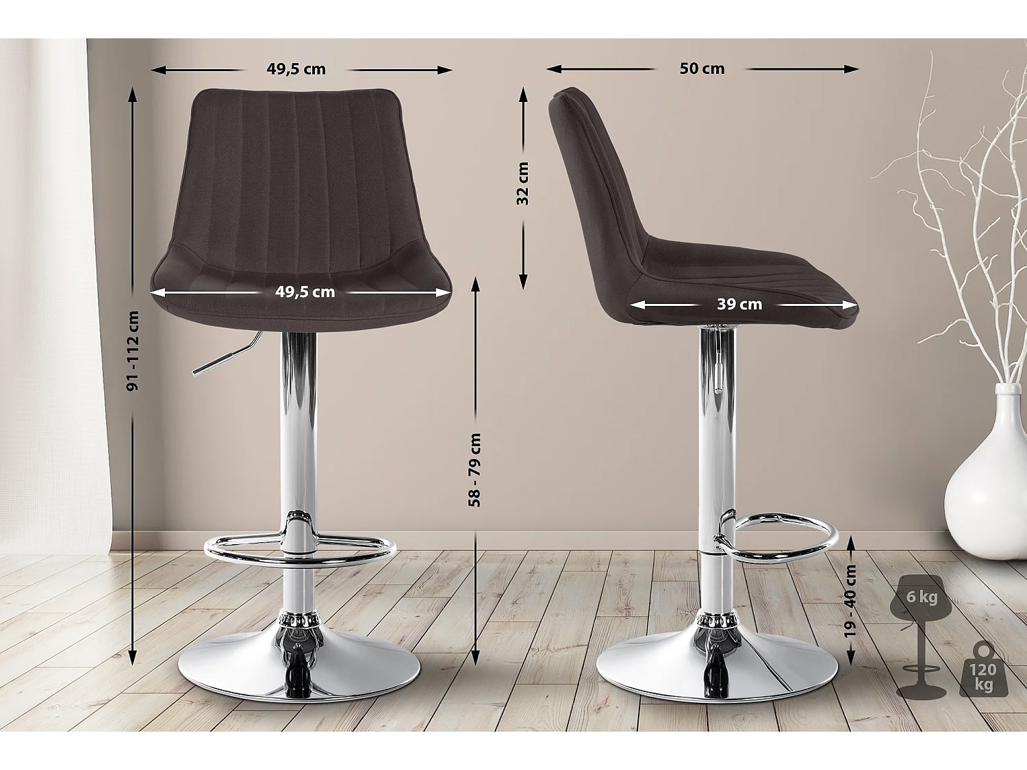 Tabouret de bar - Tissu & Chrome - Taupe - Toni