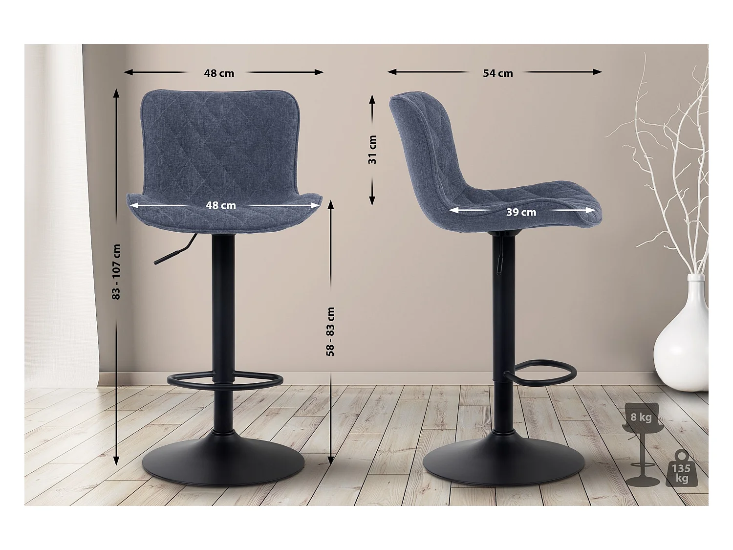 Tabourets de bar - Tissu & Métal - Bleu - Emma