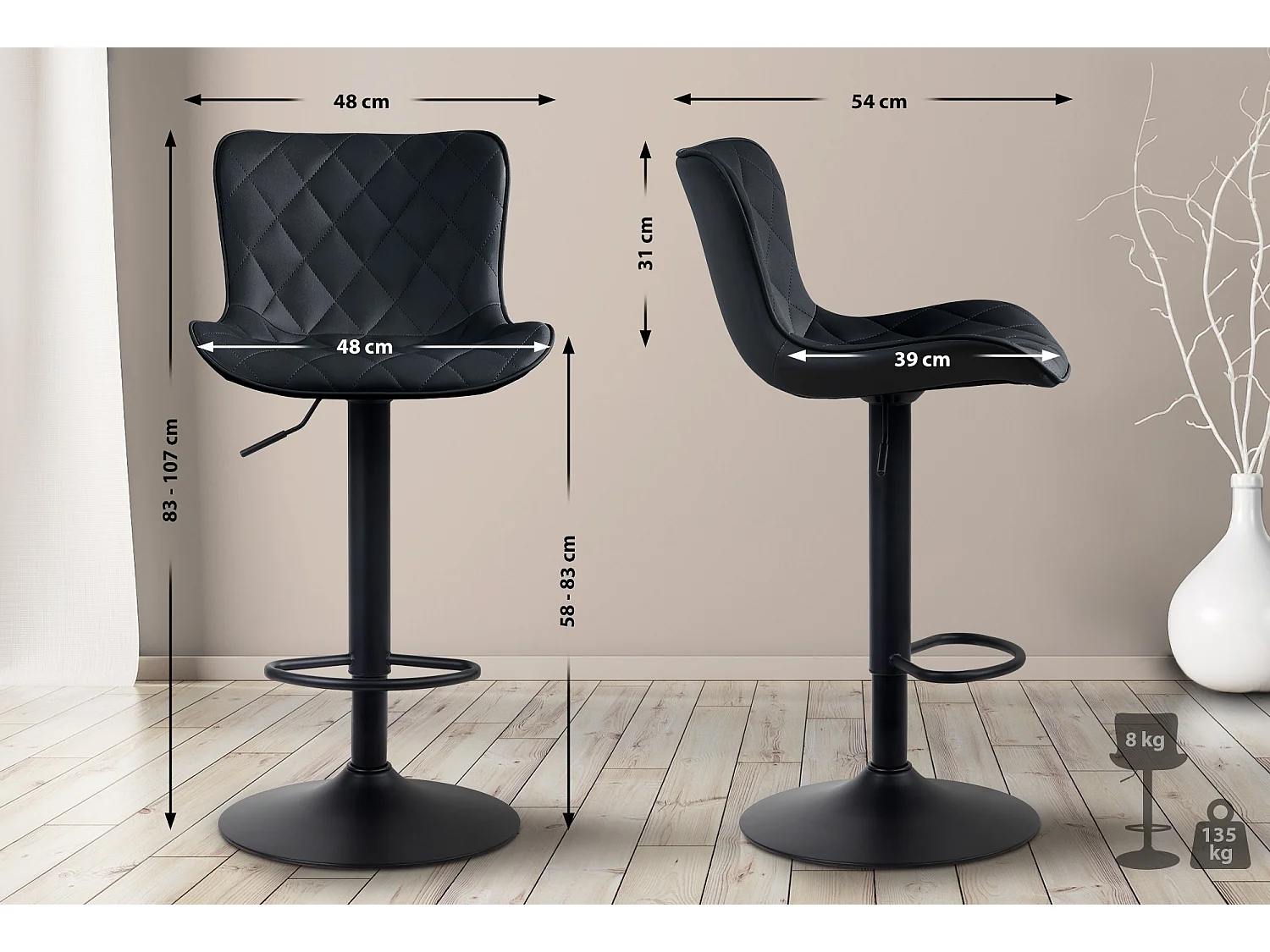 Tabourets de bar - Similicuir & Métal - Noir - Emma