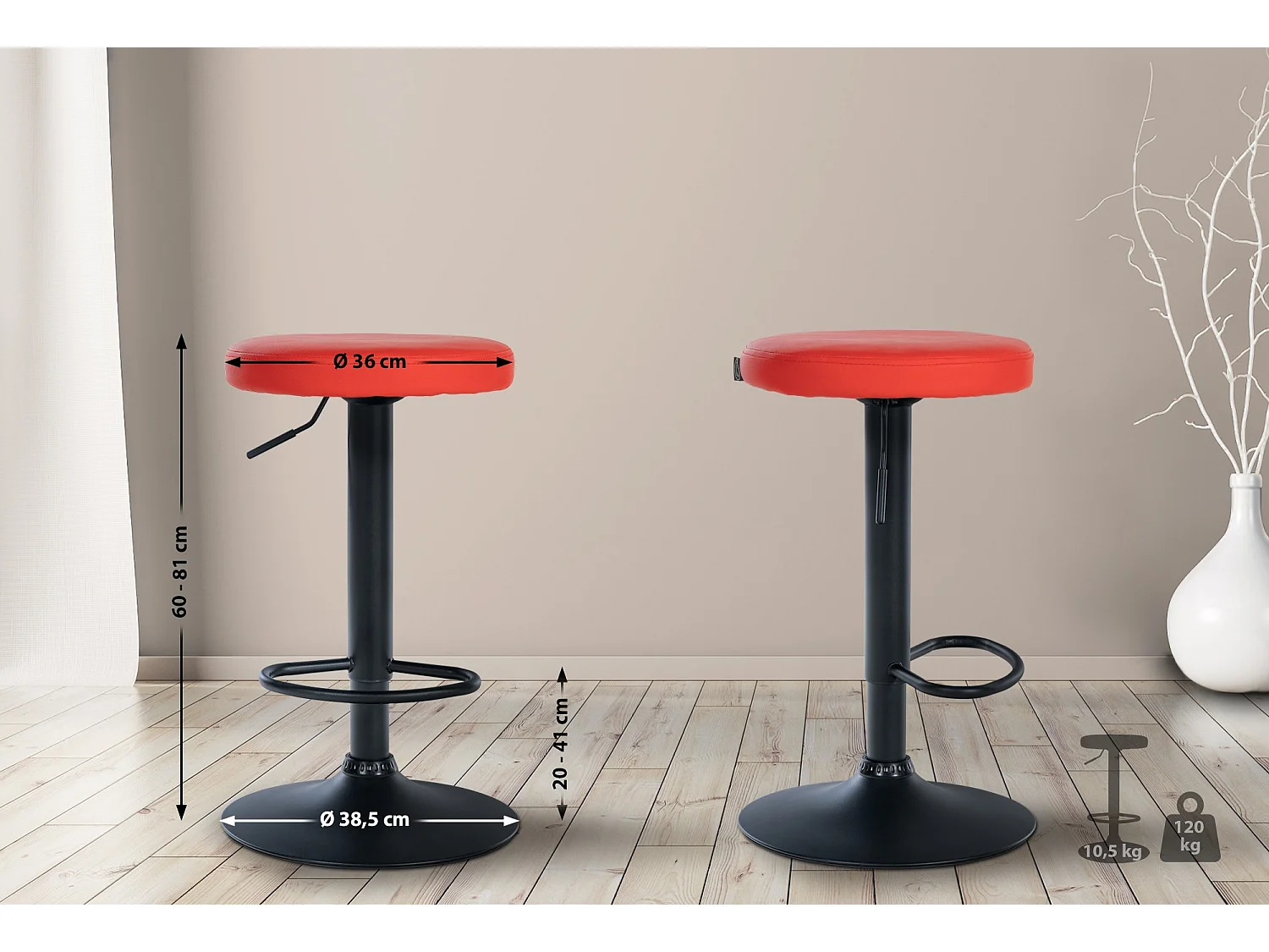 Tabouret de bar - Similicuir & Noir - Rouge - Ponte