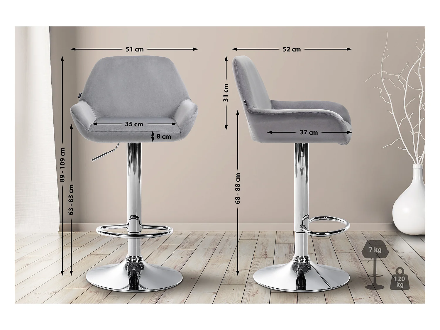 Barkruk - Fluweel & chroom - grijs - Braga