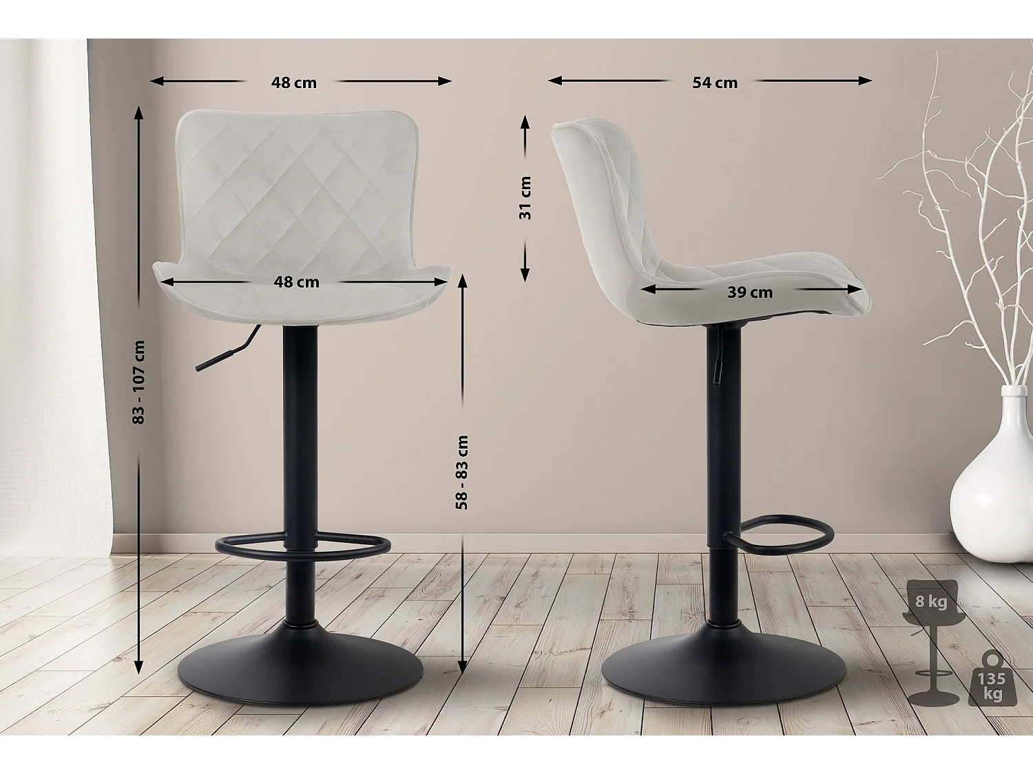 Lot de 2 Tabourets de bar - Velours & Métal - Crème - Emma