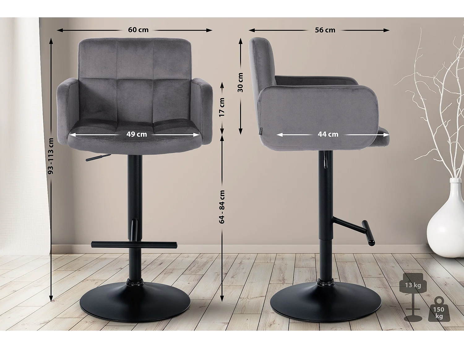 Tabouret de bar - Velours & Métal - Gris foncé - Los Angeles