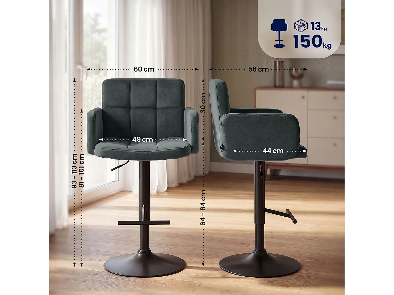 Tabouret de bar - Velours & Noir - Gris foncé - Los Angeles