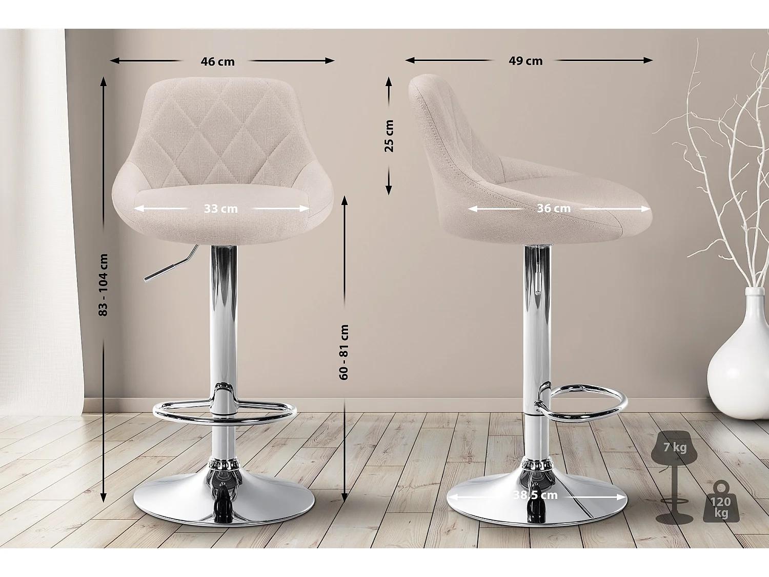 Tabouret de bar - Tissu & Chrome - Crème - Lazio