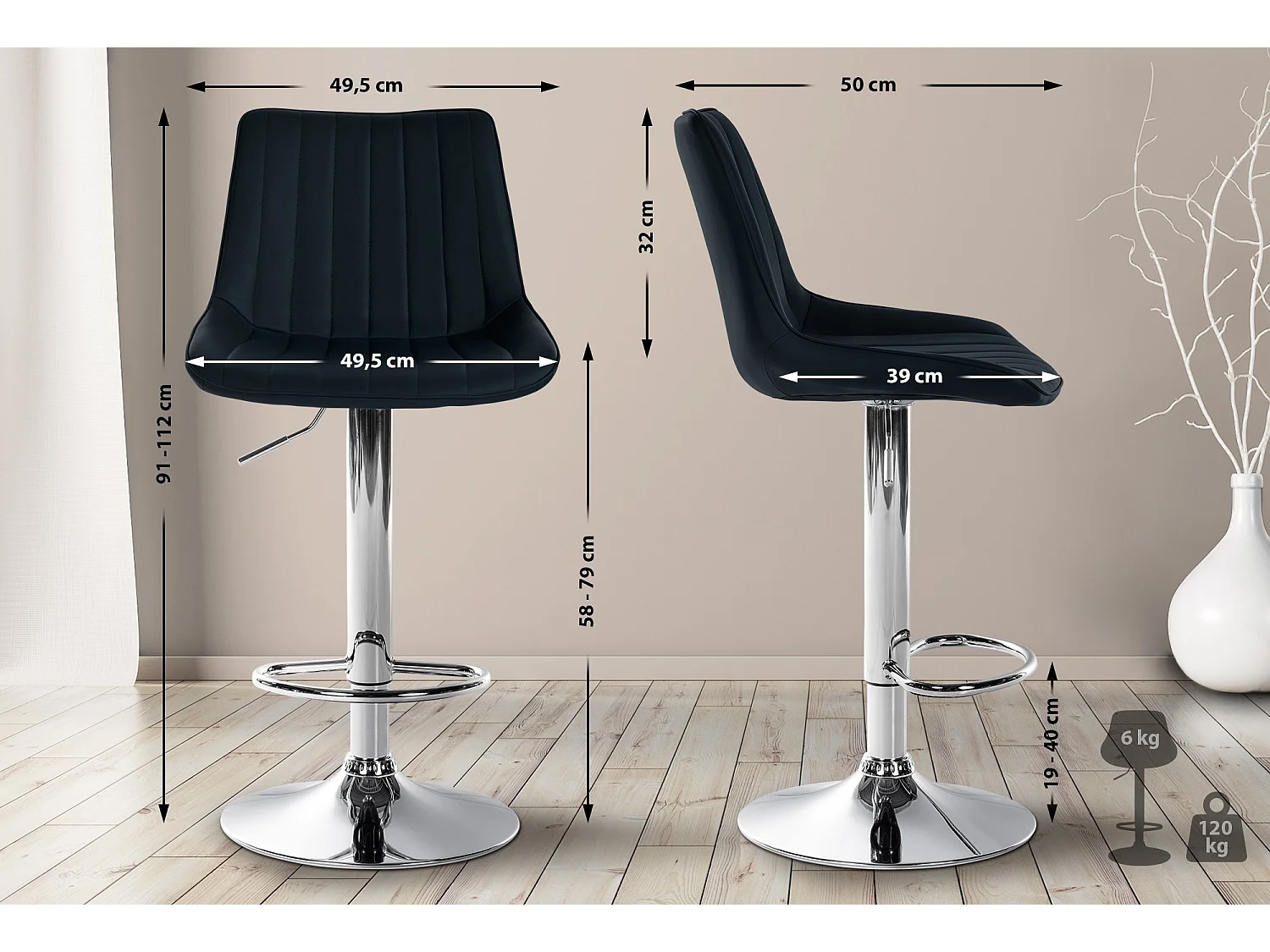 Tabouret de bar - Similicuir & Chrome - Noir - Toni