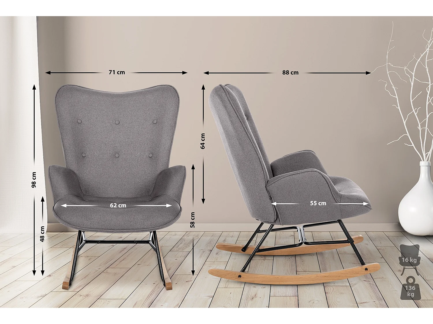 Fauteuil à bascule - Tissu & Nature - Gris - Sanka