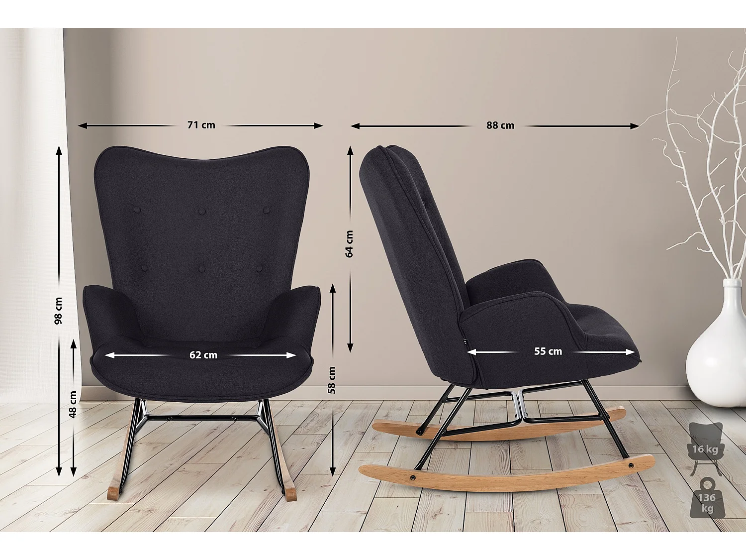 Chaise à bascule - Tissu & Métal - Noir - Sanka