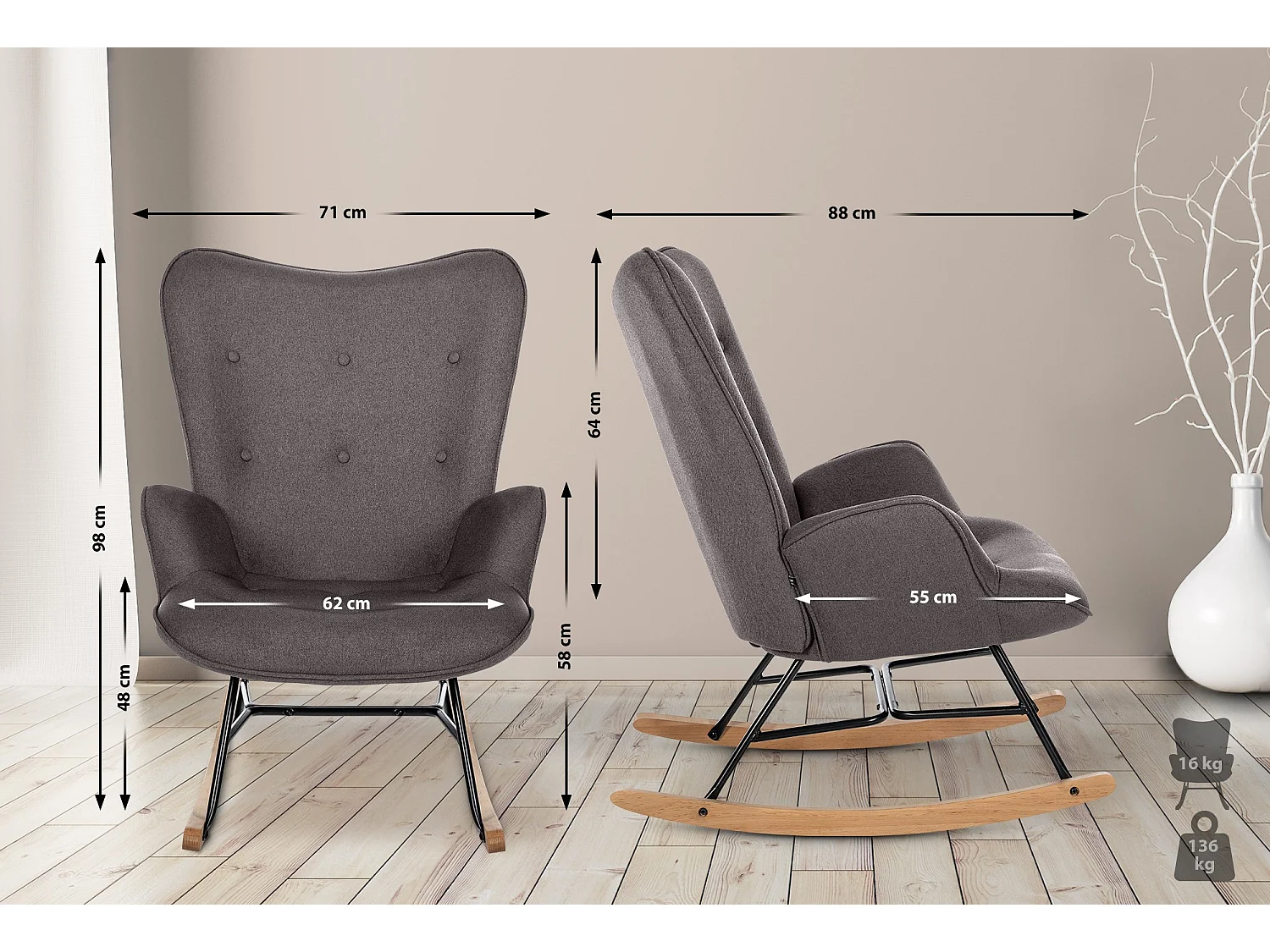 Fauteuil à bascule - Tissu & Nature - Gris foncé - Sanka