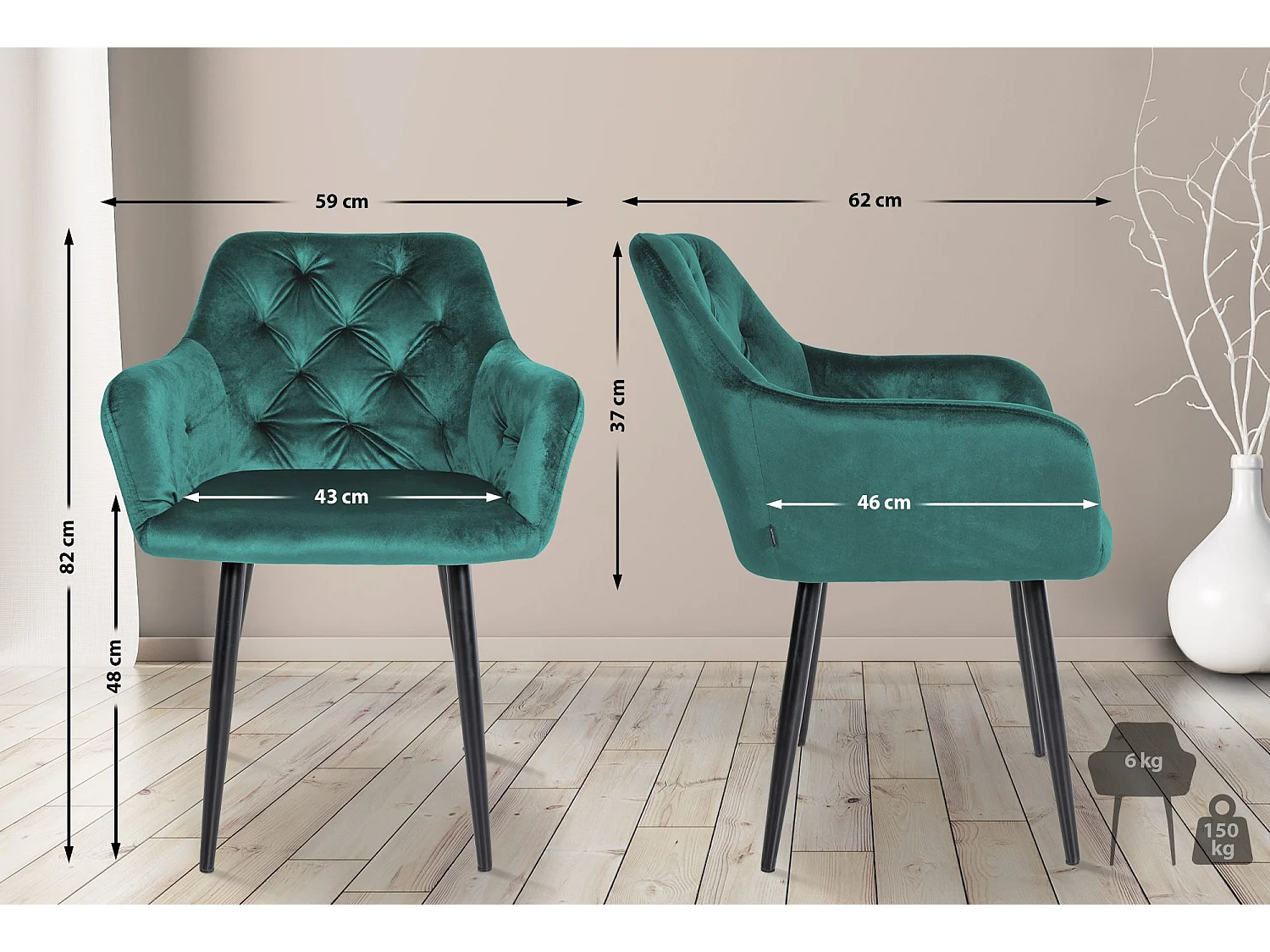 chaises avec accoudoirs - Velours - Vert foncé - Stanley