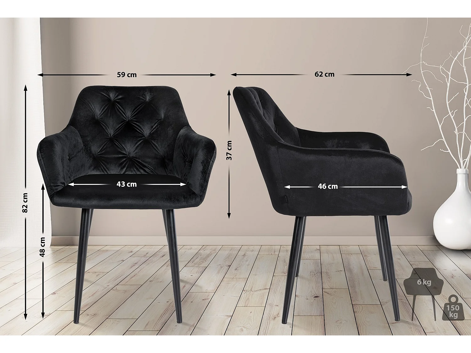 chaises avec accoudoirs - Velours - Noir - Stanley