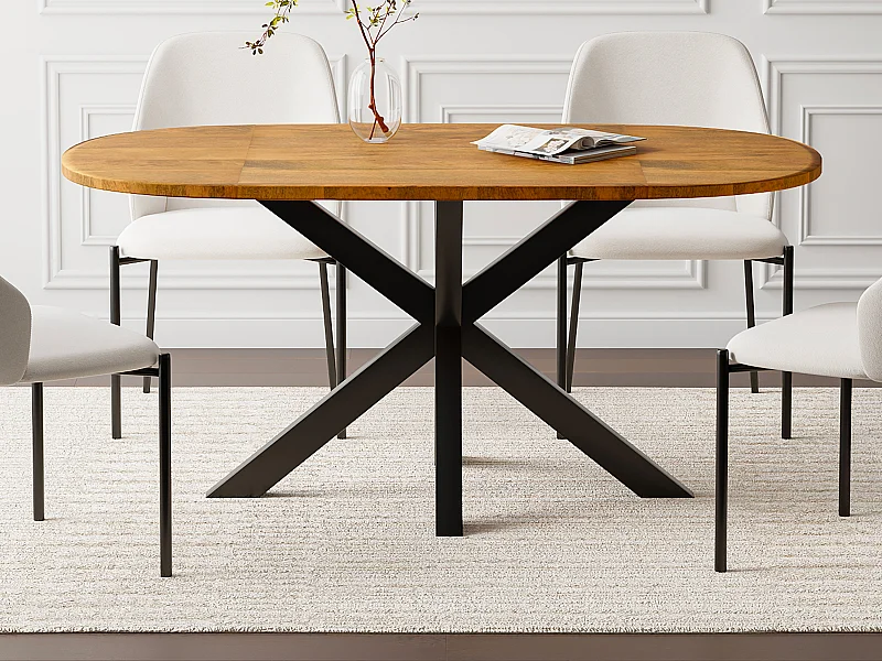 Table à manger 6 personnes en bois de manguier et métal noir - Naturel clair - PATRICIA