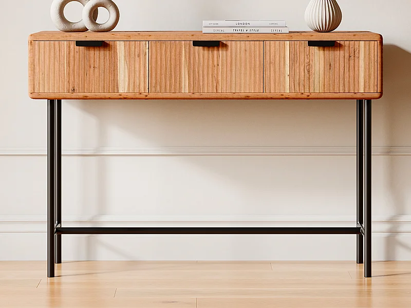 Console avec 3 tiroirs en bois d'acacia et métal noir - Naturel clair - ALEVIA