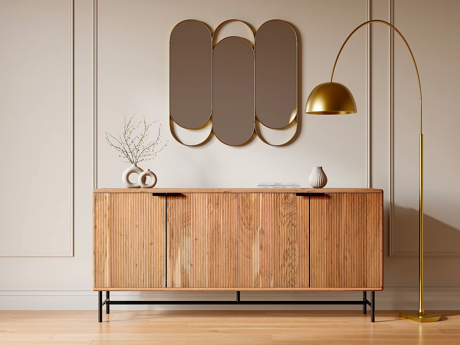 Buffet avec 4 portes en bois d'acacia et métal noir - Naturel clair - ALEVIA