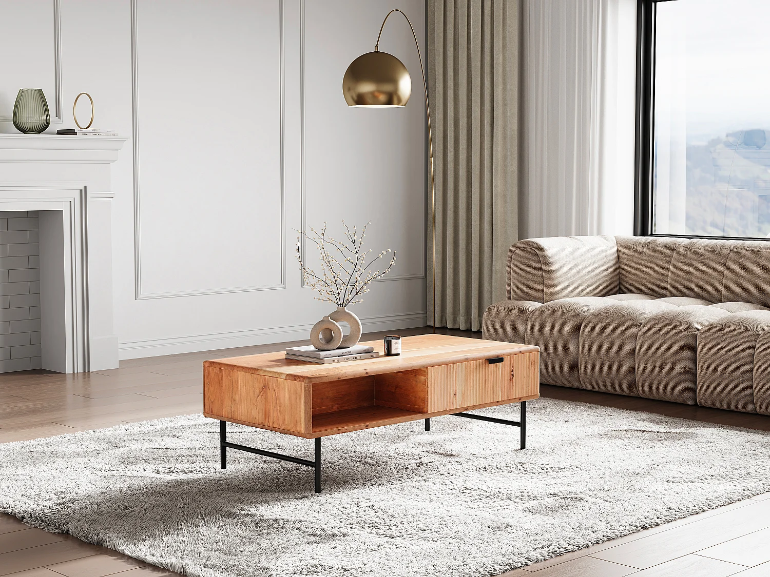 Table basse avec 2 tiroirs et 2 niches en bois d'acacia et métal noir - Naturel clair - ALEVIA