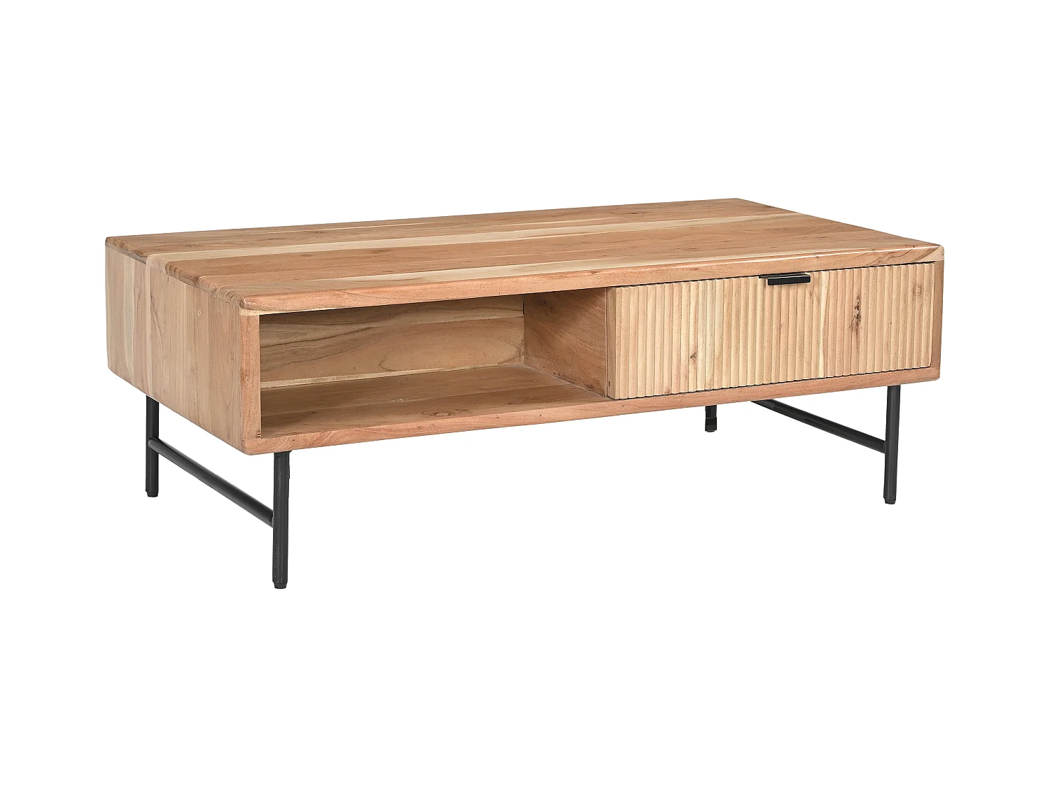 Salontafel met 2 lades en 2 nissen van acaciahout en zwart metaal - Licht naturel - ALEVIA