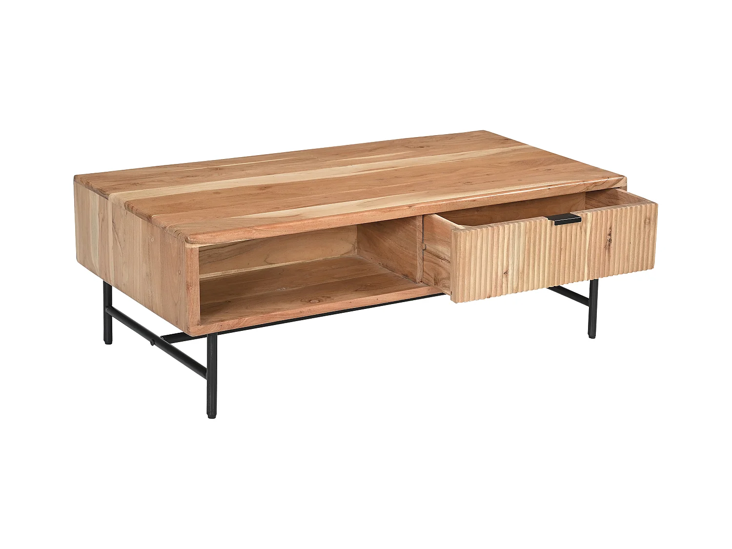 Salontafel met 2 lades en 2 nissen van acaciahout en zwart metaal - Licht naturel - ALEVIA