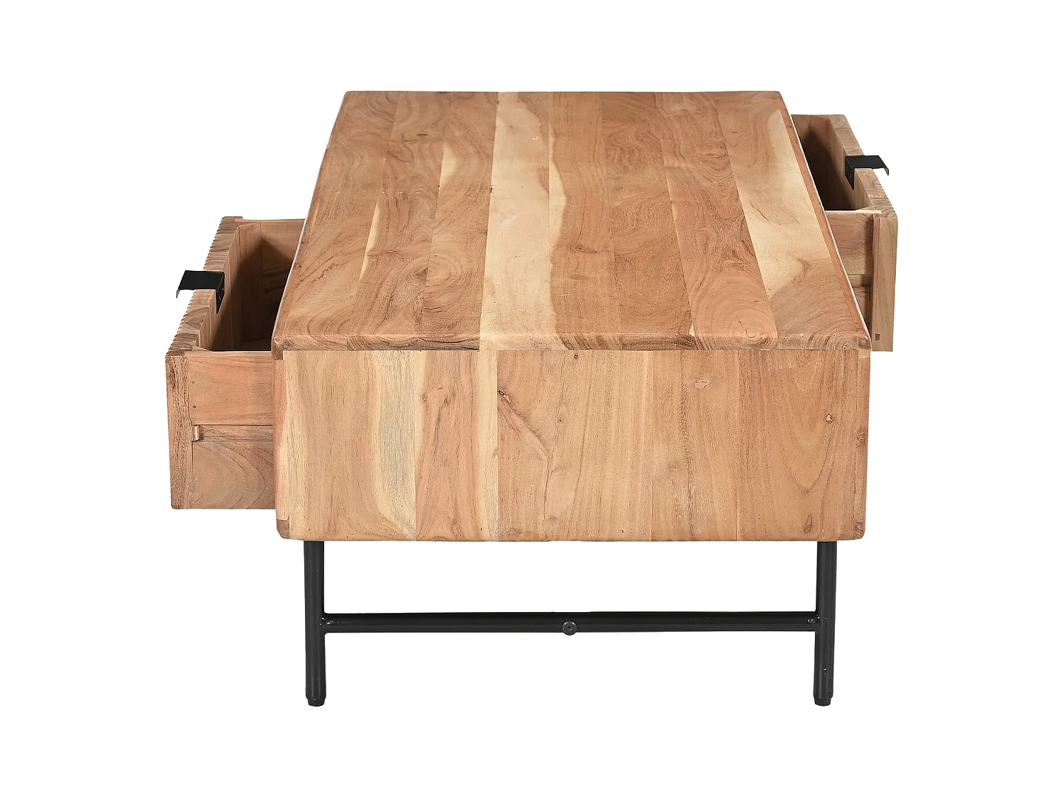 Salontafel met 2 lades en 2 nissen van acaciahout en zwart metaal - Licht naturel - ALEVIA