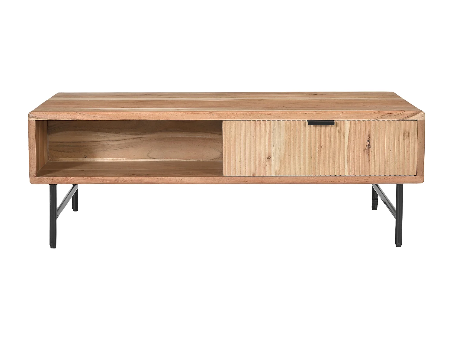 Table basse avec 2 tiroirs et 2 niches en bois d'acacia et métal noir - Naturel clair - ALEVIA