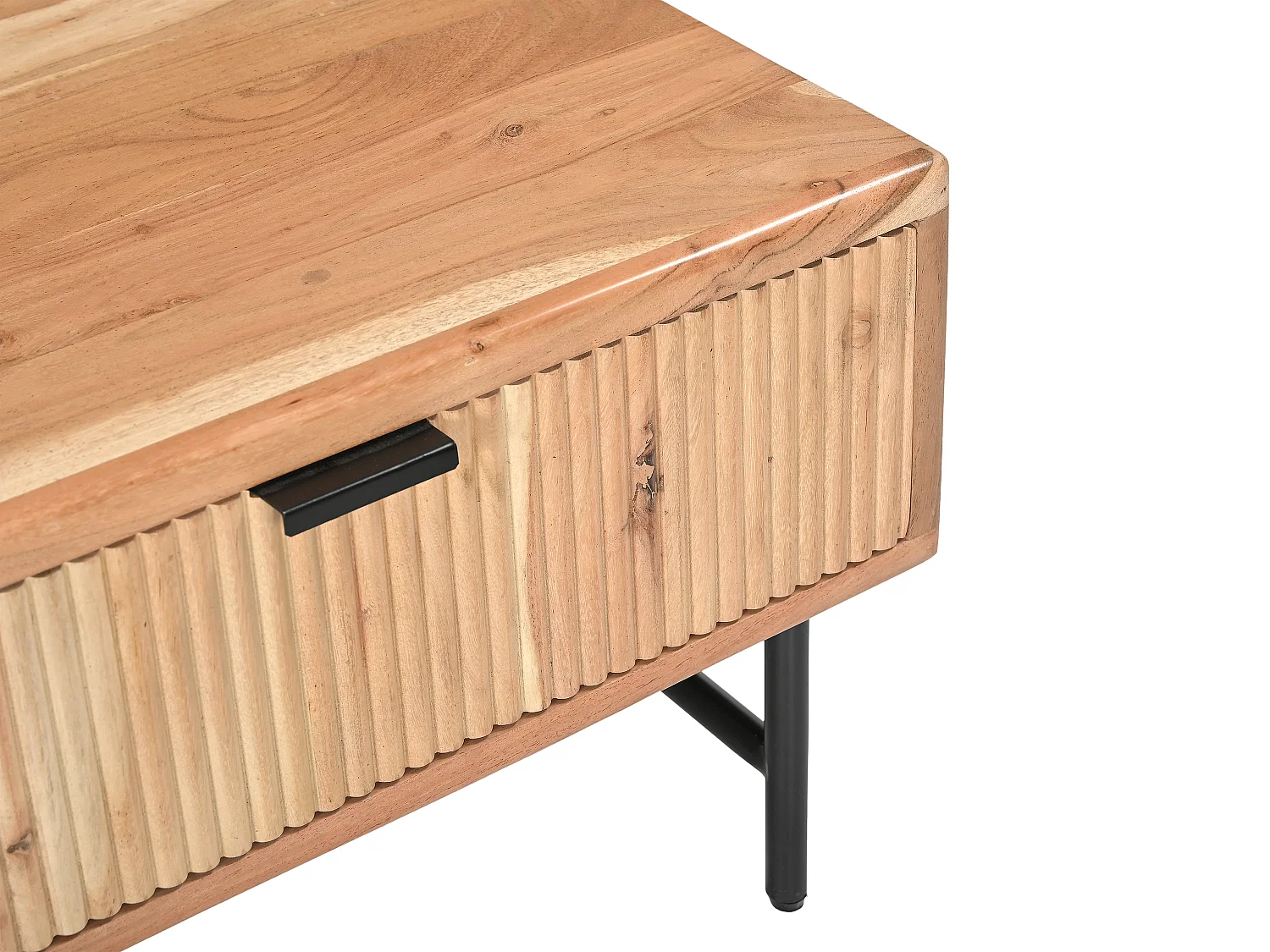 Table basse avec 2 tiroirs et 2 niches en bois d'acacia et métal noir - Naturel clair - ALEVIA