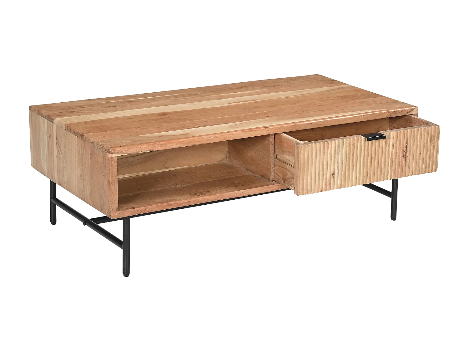 Table basse avec 2 tiroirs et 2 niches en bois d'acacia et métal noir - Naturel clair - ALEVIA