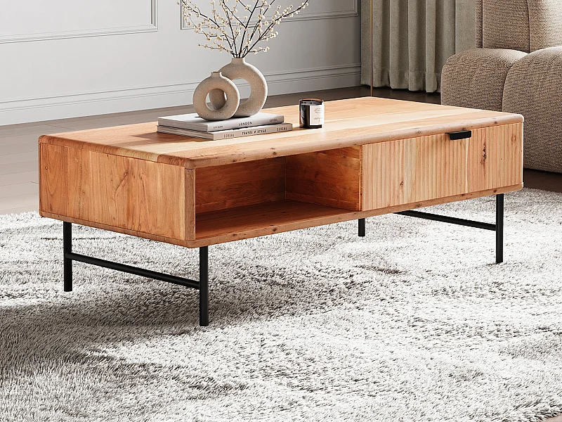 Table basse avec 2 tiroirs et 2 niches en bois d'acacia et métal noir - Naturel clair - ALEVIA