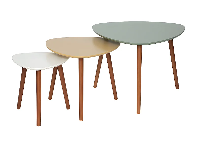 Lot de 3 tables à café gigogne en Bois Vert Ocre Blanc et pieds en Bois foncé