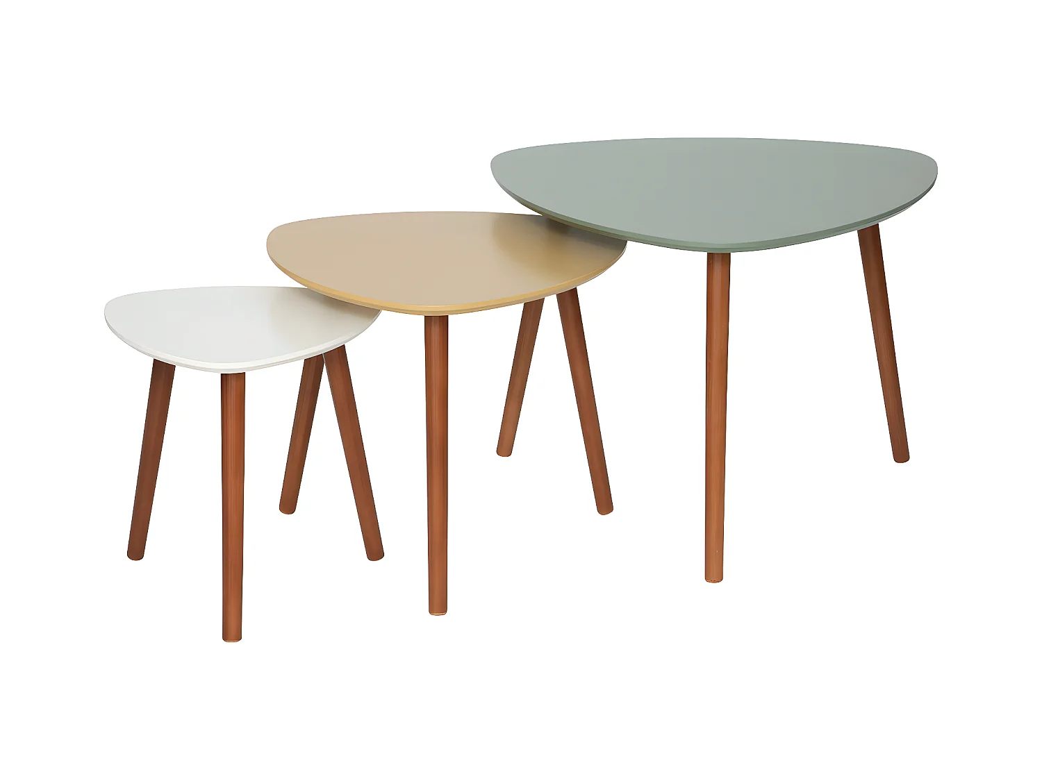 Lot de 3 tables à café gigogne en Bois Vert Ocre Blanc et pieds en Bois foncé