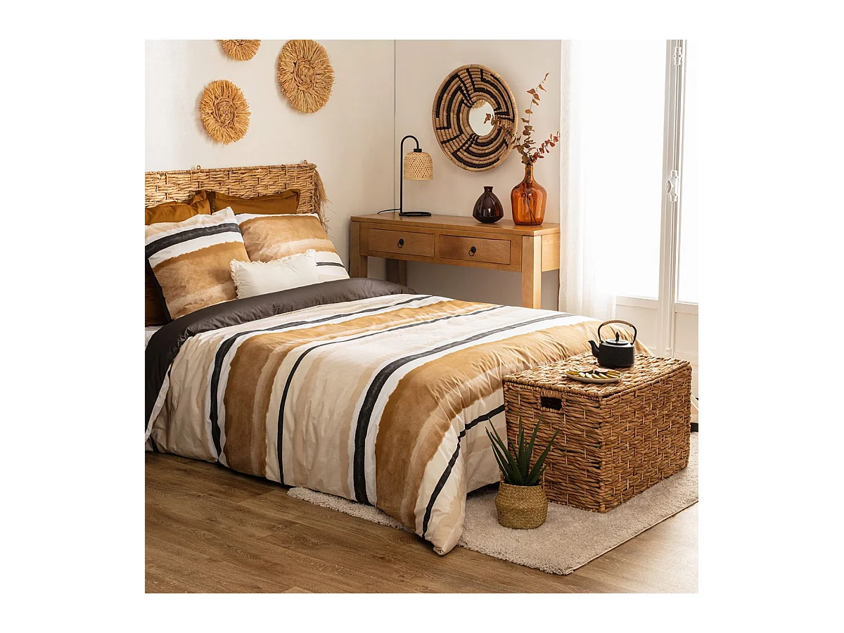 Parure 2 Personnes 260 x 240 cm Housse de couette avec 2 taies en Percale de Coton Imprimé Hana