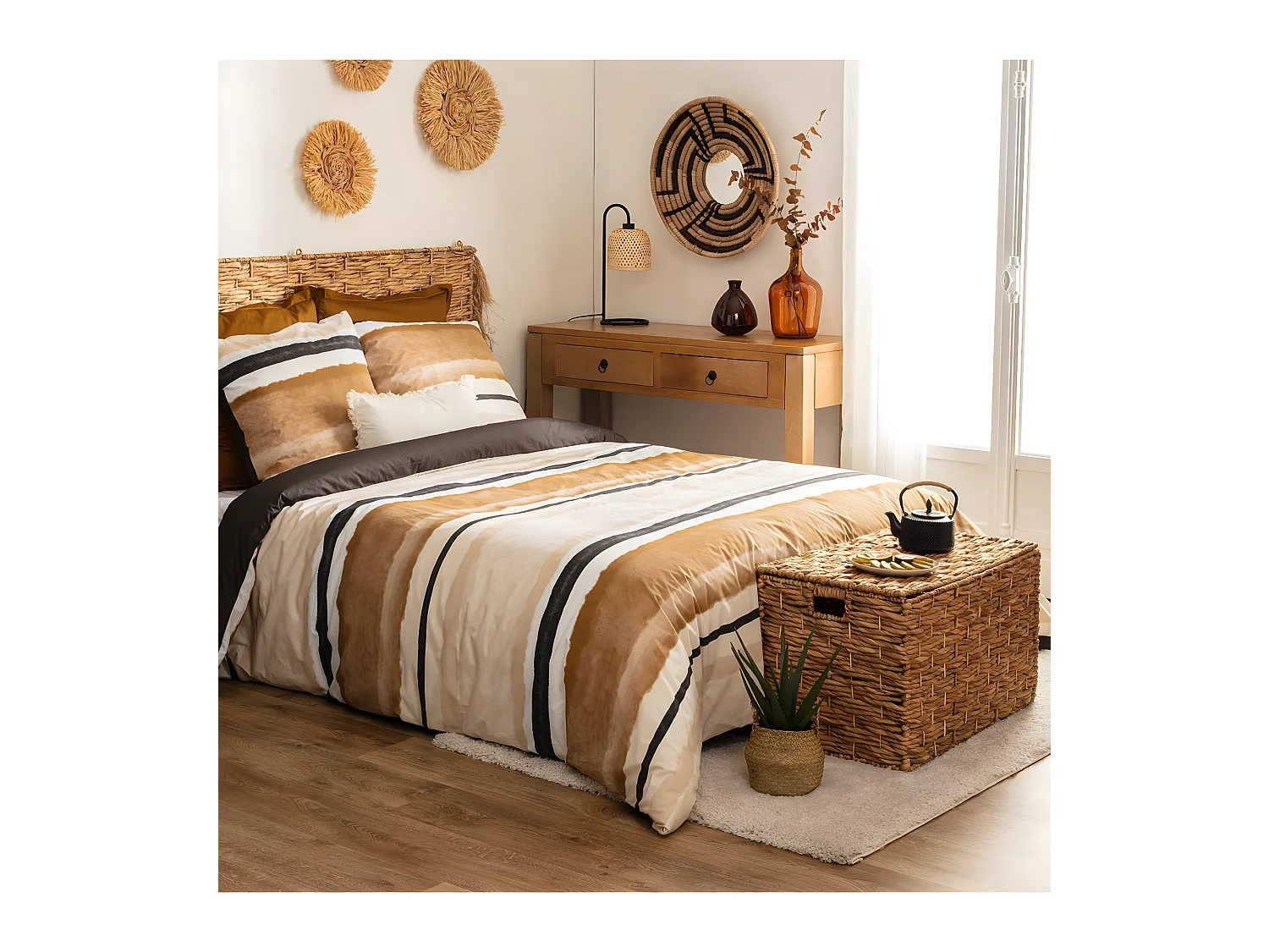 Parure 2 Personnes 240 x 220 cm Housse de couette avec 2 taies en Percale de Coton Imprimé Hana