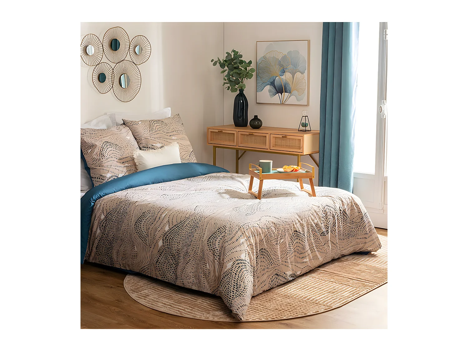 Parure 2 Personnes 260 x 240 cm Housse de couette avec 2 taies en Percale de Coton Imprimé Ilyan