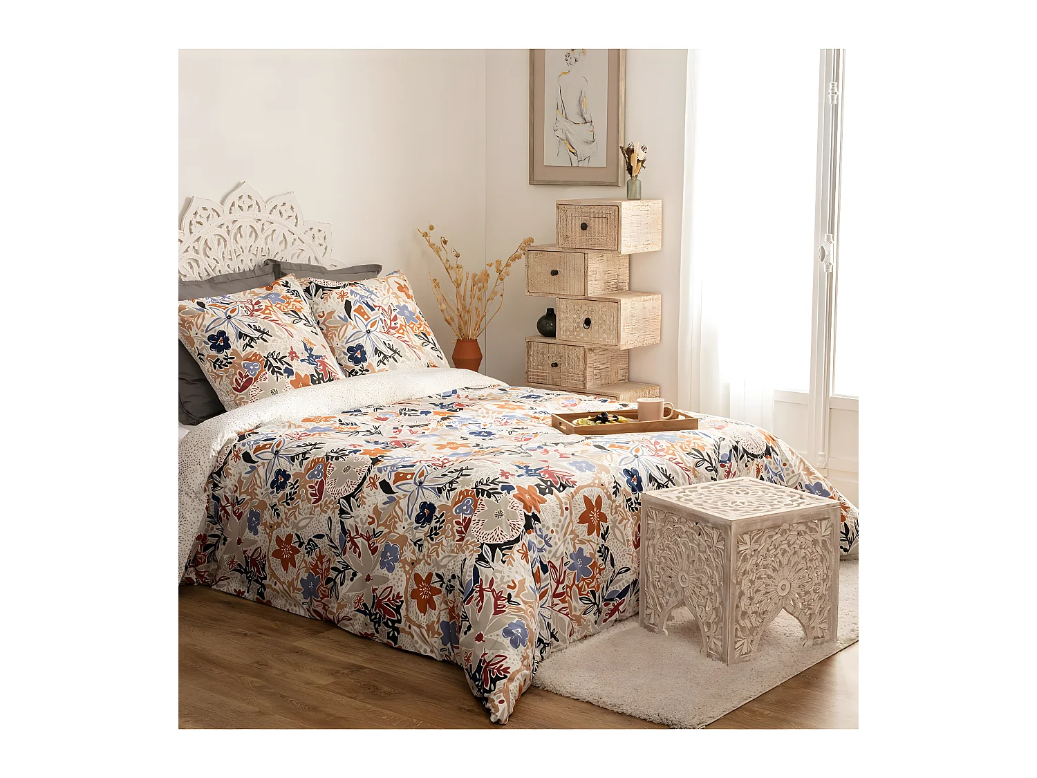 Parure 2 Personnes 260 x 240 cm Housse de couette avec 2 taies en Percale de Coton Imprimé Alesio